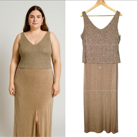 Ronni Nicole By Ouida 14 Gold Shimmer Maxi Dress Stretch Knit Sleeveless Formal - Picture 1 of 5